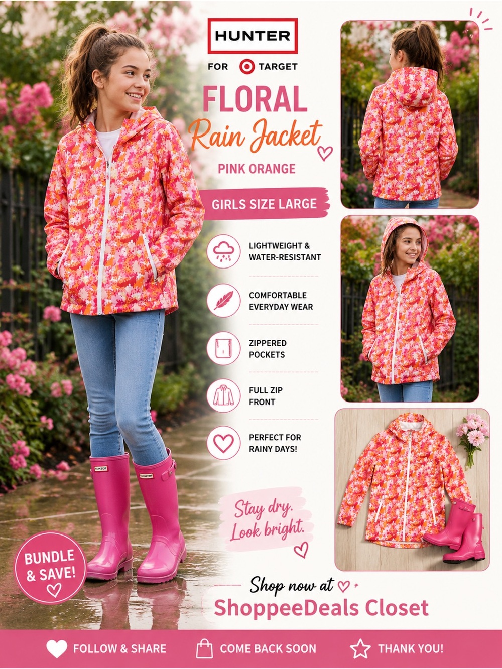 Hunter for Target Floral Lightweight Rain Jacket – Pink Orange – Girls Large
